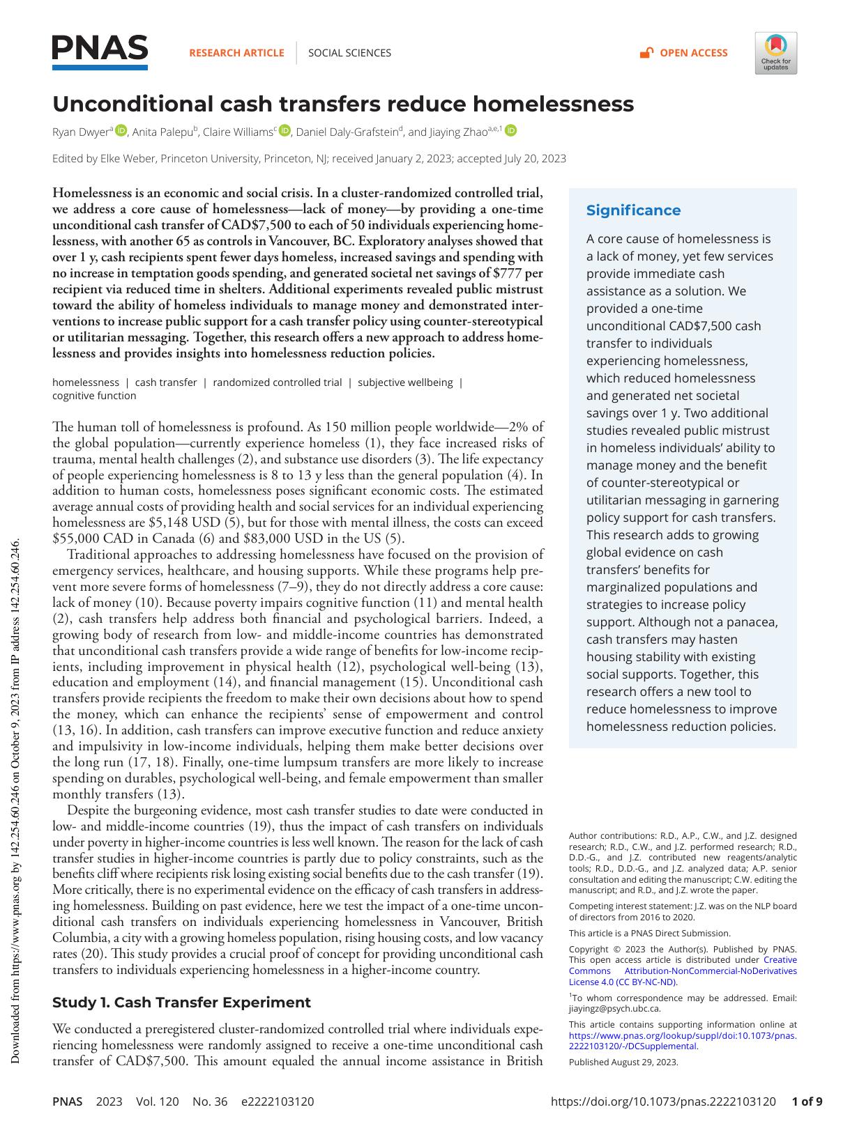 Unconditional cash transfers reduce homelessness