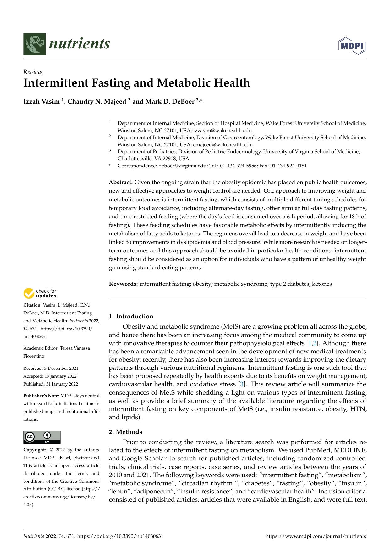 Intermittent Fasting and Metabolic Health