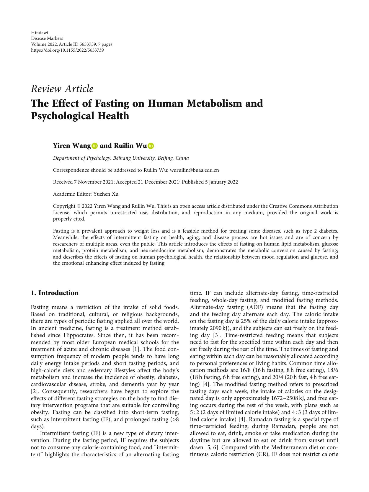 The Effect of Fasting on Human Metabolism and Psychological Health