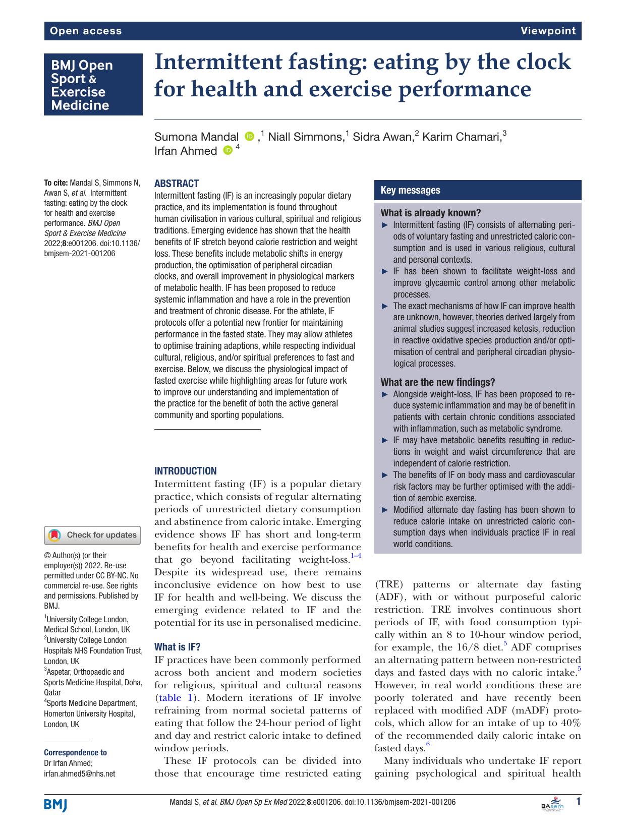 Intermittent fasting: eating by the clock for health and exercise performance