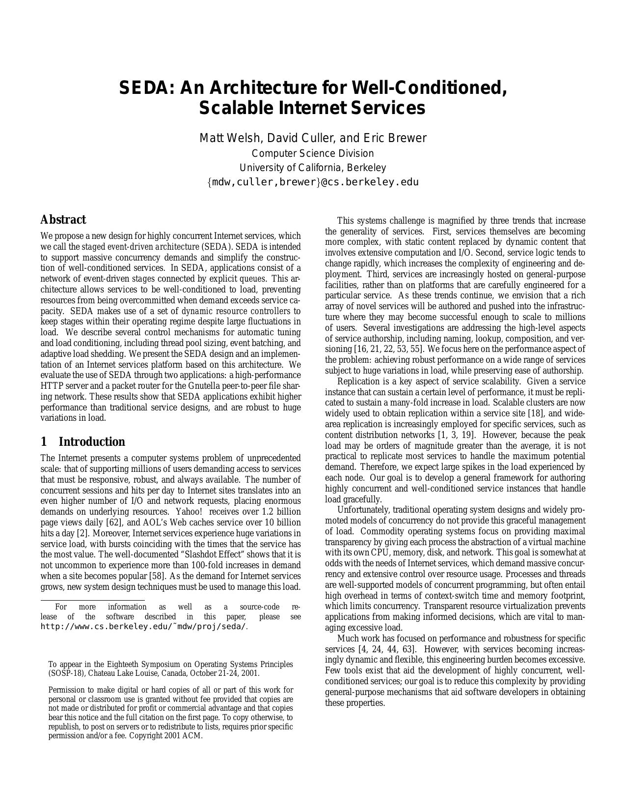 SEDA: An Architecture for Well-Conditioned, Scalable Internet Services