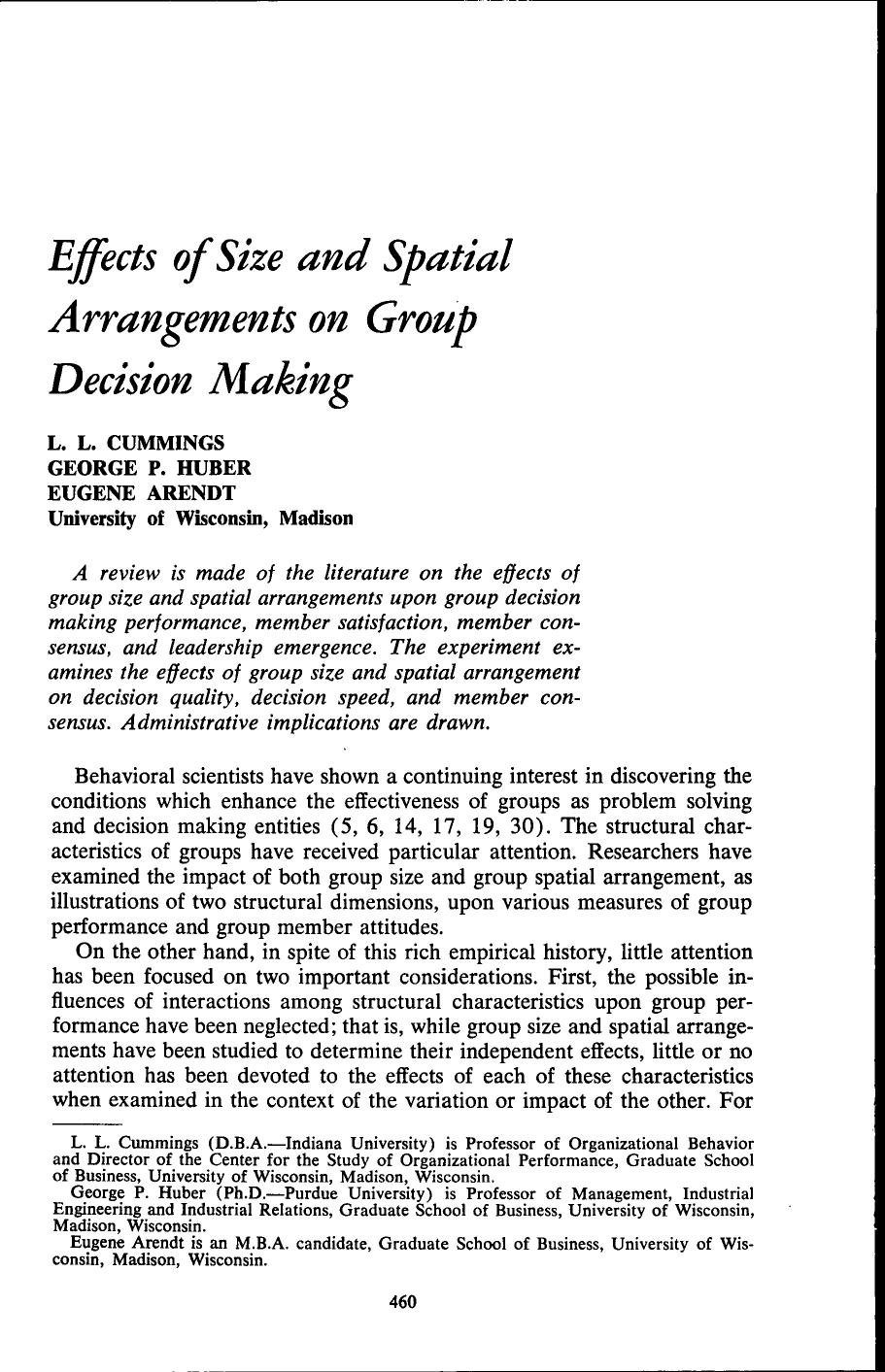 Effects of Size and Spatial Arrangements on Group Decision Making