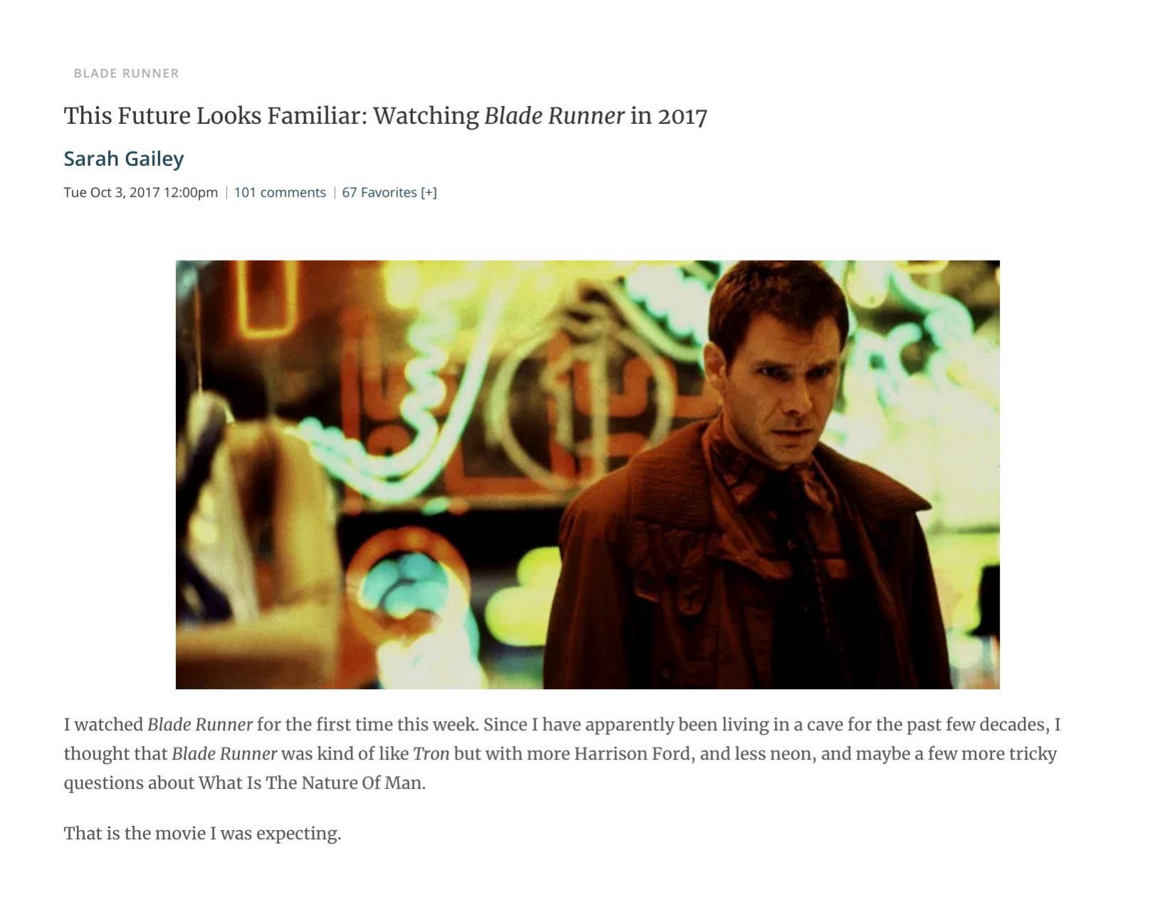 This Future Looks Familiar - Watching Blade Runner in 2017