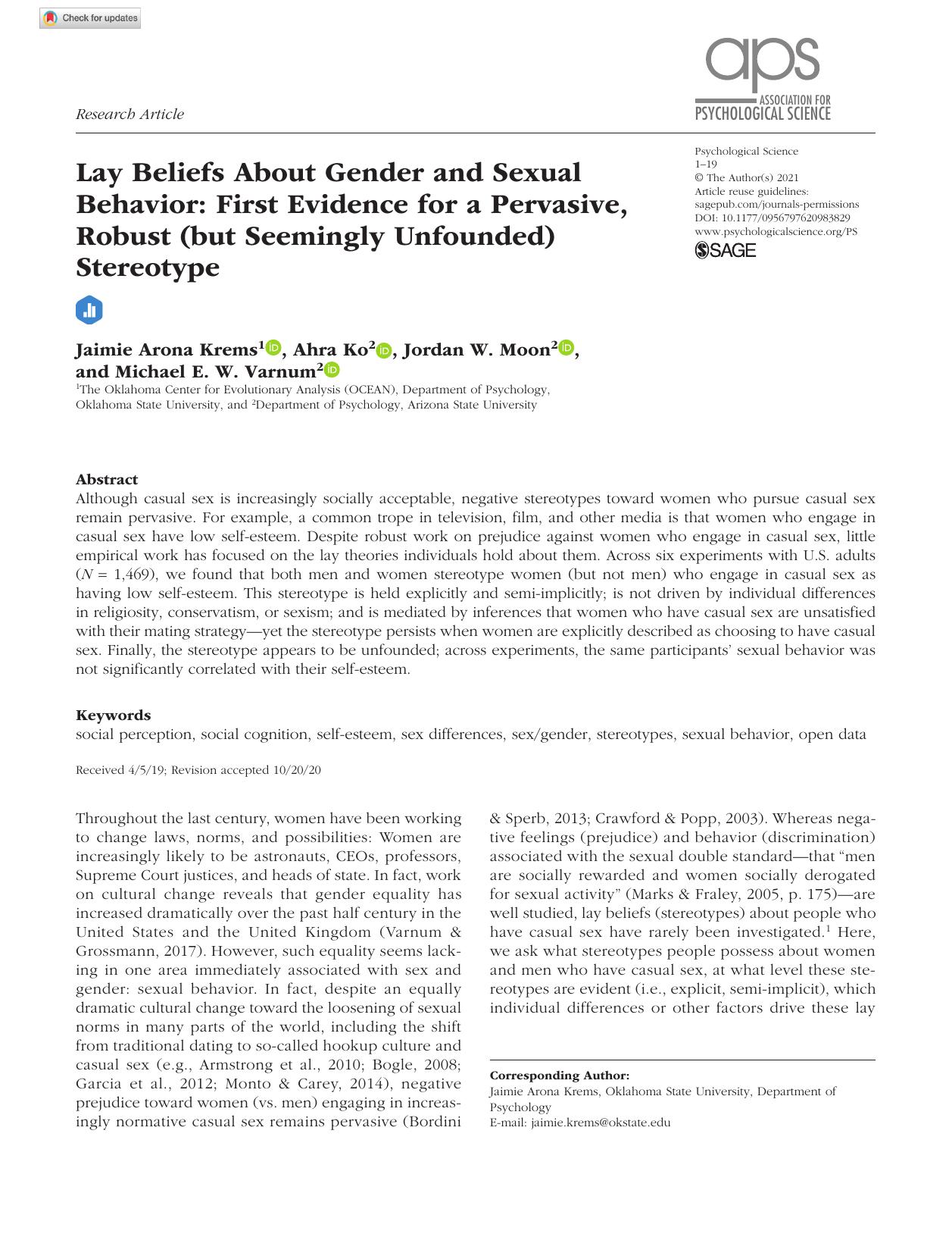 Lay Beliefs About Gender and Sexual Behavior: First Evidence for a Pervasive, Robust (but Seemingly Unfounded) Stereotype